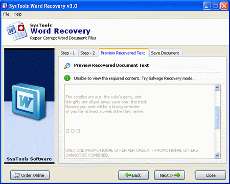 Recover text from heavily damaged or corrupt MS Word document using Salvage Recovery Mode. Fix & Repair Word documents using SysTools Word Recovery Tool.